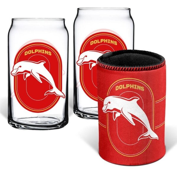 Dolphins NRL Set of 2 Can Shaped Glasses and Can Cooler Gift Set
