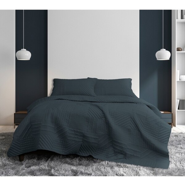 Ardor Boudoir Queen/King Bed Coverlet Set Finley Luxe Soft Quilted Navy