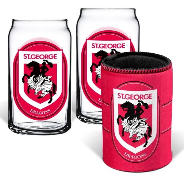 St George Illawarra Dragons NRL Set of 2 Can Shaped Glasses and Can Cooler Gift Set