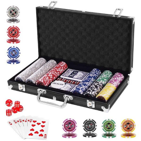 Costway 300Pcs Poker Chips Set Classical Card Games Casino Party w/Case Texas Holdem, Blackjack, Gambling Black