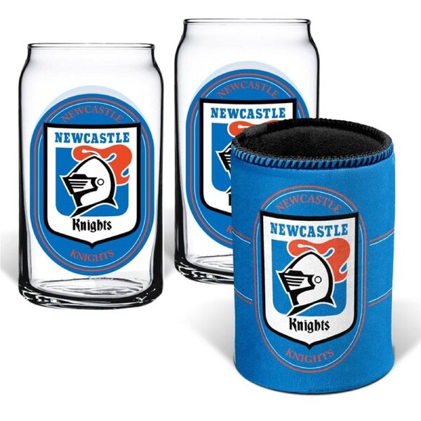 Newcastle Knights NRL Set of 2 Can Shaped Glasses and Can Cooler Gift Set