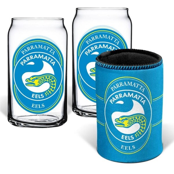 Parramatta Eels NRL Set of 2 Can Shaped Glasses and Can Cooler Gift Set