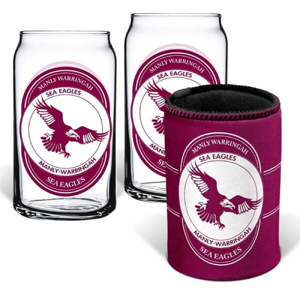 Manly Warringah Sea Eagles NRL Set of 2 Can Shaped Glasses and Can Cooler Gift Set