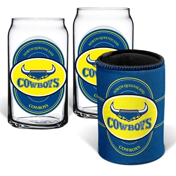 North QLD Queensland Cowboys NRL Set of 2 Can Shaped Glasses and Can Cooler Gift Set