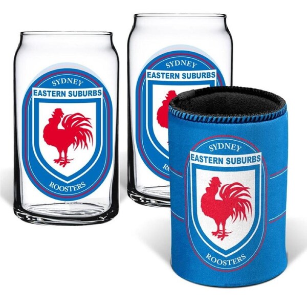 Sydney Roosters NRL Set of 2 Can Shaped Glasses and Can Cooler Gift Set