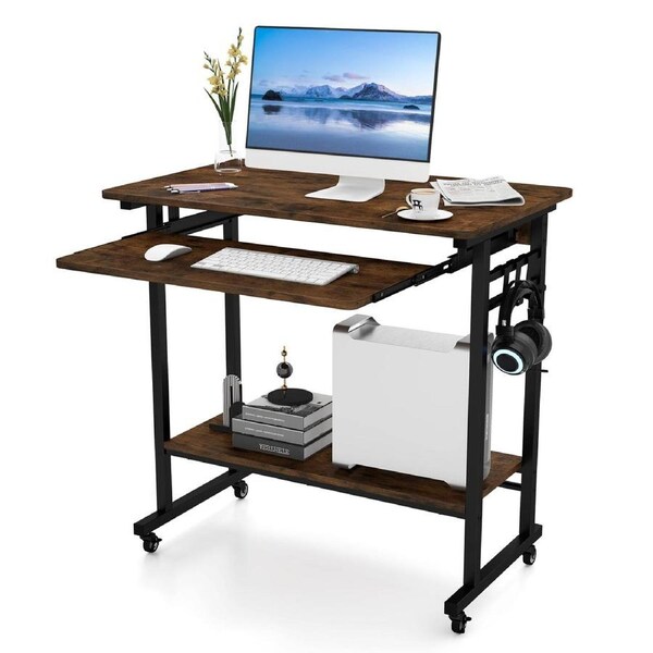 Giantex Industrial Mobile Laptop Table Wooden Computer Desk Writing Workstation w/Keyboard Tray & Hooks