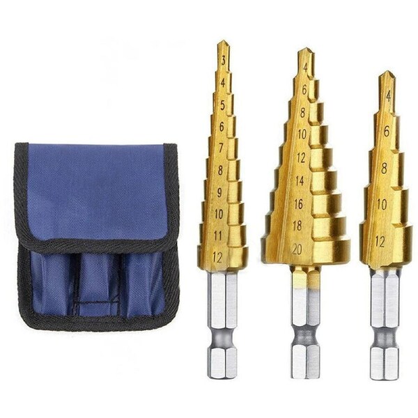 3pcs Steel Step Cone Drill Titanium Bit Set Hole Cutter 3/12mm 4-12/20mm