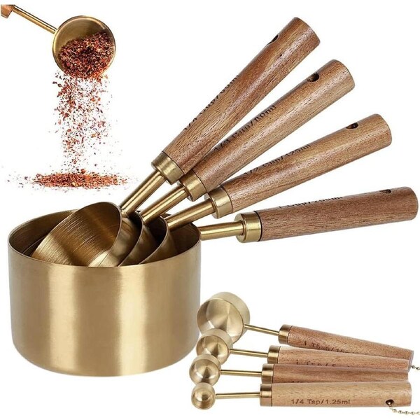 8Pcs Measure Cup and Spoon Set with Wooden Handle- Measurement Kitchen Accessories for Home Kitchen