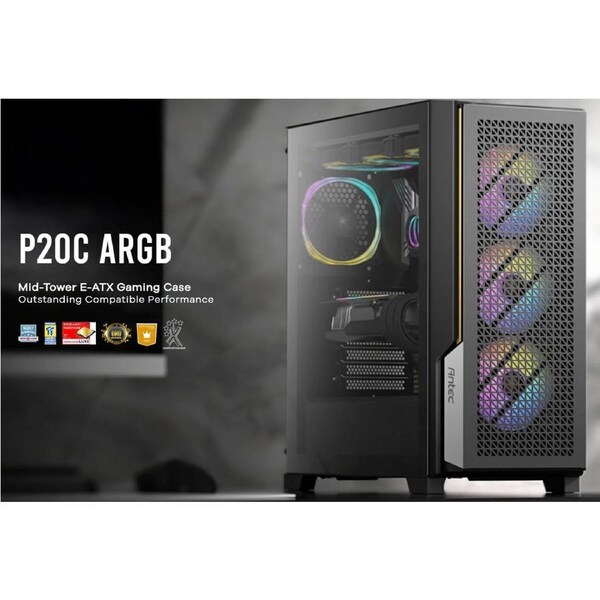 Antec P20C ARGB, ATX, E-ATX, High Airflow, USB-C, Cable management, 4x HDD/SSD , 375mm GPU, 170mm CPU, 3x ARGB PWM 12CM,Fan Control, Gaming Case