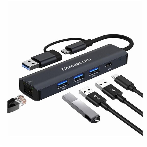 Simplecom CHN436 USB-C and USB-A to 4-Port USB HUB with Gigabit Ethernet Adapter