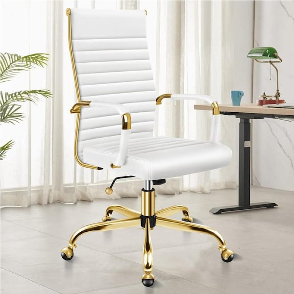 ALFORDSON Office Chair Padded Seat PU Leather Gold Frame White - High Back