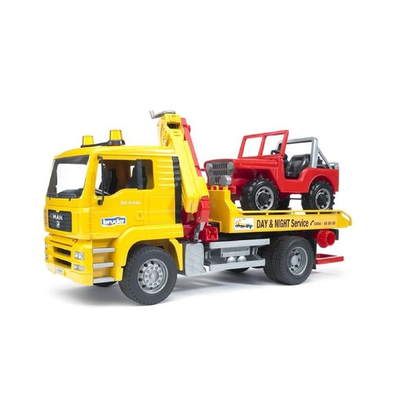 Bruder Licensed 1:16 Scale Man Tga Breakdown Truck With Cross Country Vehicle Model Yellow