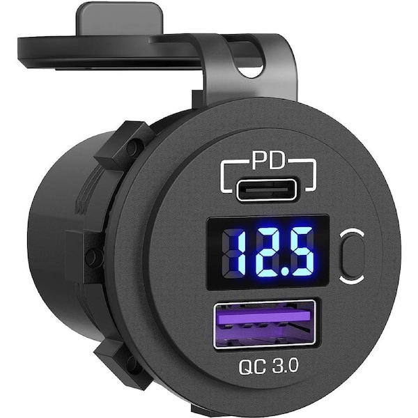 USB C Car Charger Socket, Qidoe 12V/24V Dual USB Outlet PD3.0 & QC3.0 Car USB Port with LED Voltmeter and ON/Off Switch DIY Car Socket for Car Boat Marine Bus Truck Golf RV Motorcycle
