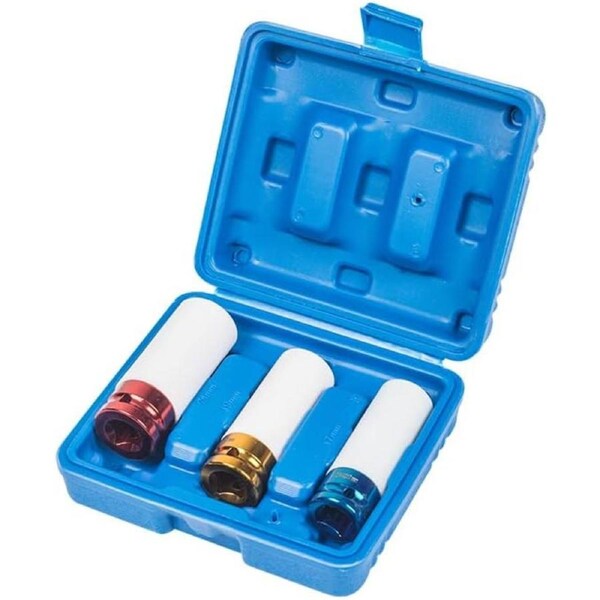 3 pc Alloy Wheel Deep Impact Nut Socket Set 17, 19, 21mm 1/2" Nylon Sleeve