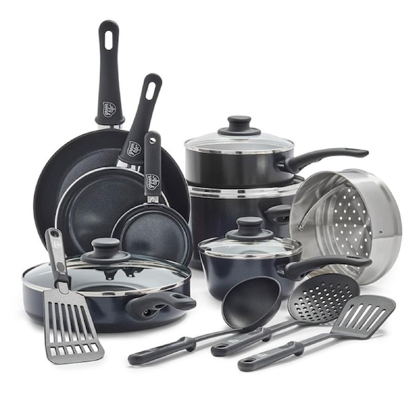 GreenLife Soft Grip Healthy Ceramic 16 Piece Non-Stick Cookware Set Black