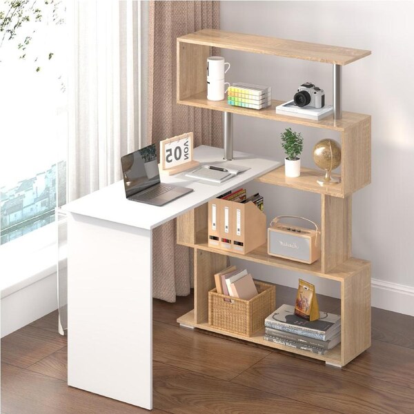 Advwin Corner Desk with Bookshelf Rotatable Office Computer Desk with Storage Shelf Study Table Workstation
