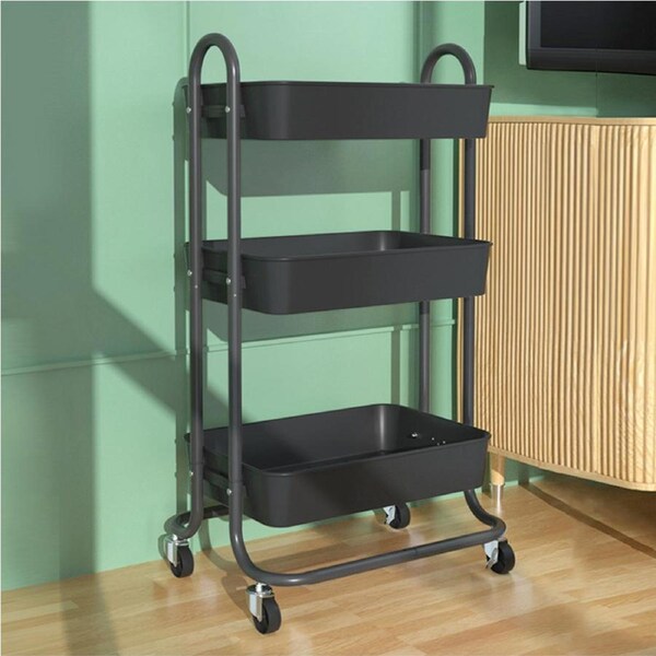 OZNALA 3 Tiers Steel Storage Organiser 360° Rolling Wheels Black Kitchen Trolley Cart