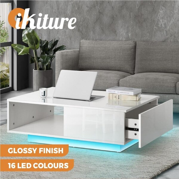 Oikiture Coffee Table LED Light High Gloss Storage Drawer Modern Furniture White