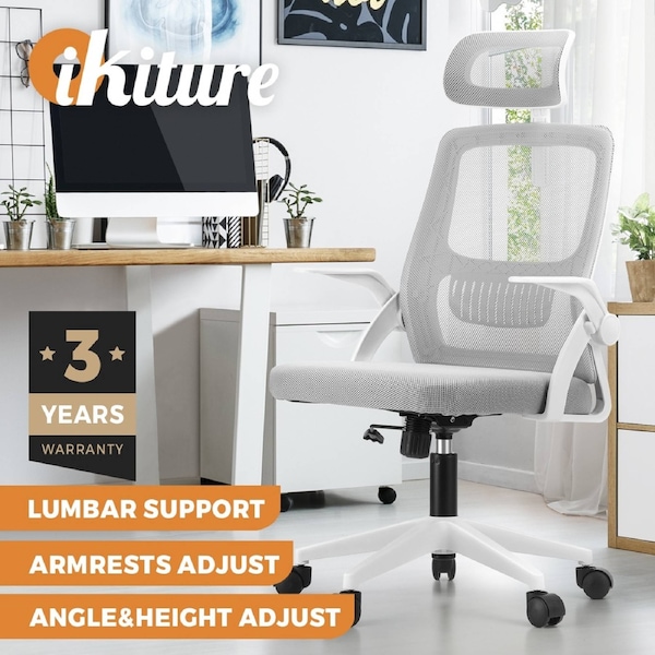 Oikiture Mesh Office Chair Executive Fabric Gaming Seat Racing Computer White