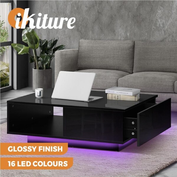 Oikiture Coffee Table LED Light High Gloss Storage Drawer Modern Furniture Black