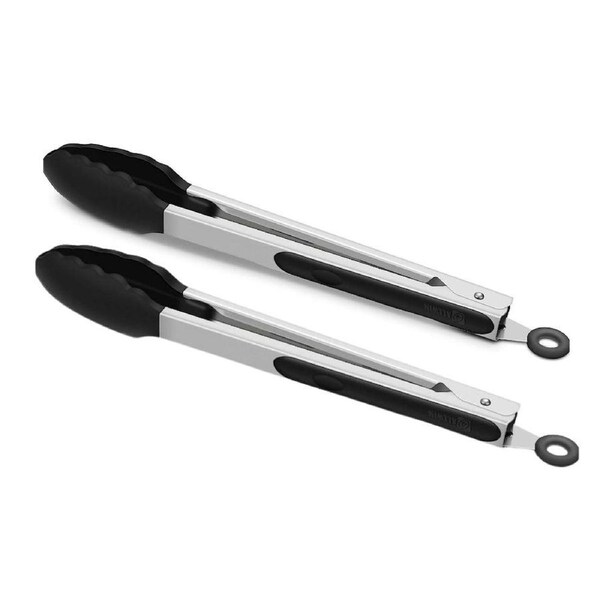 2 Pack Black Kitchen Tongs, Premium Silicone BPA Free Non-Stick Stainless Steel BBQ Cooking Grilling Locking Food Tongs