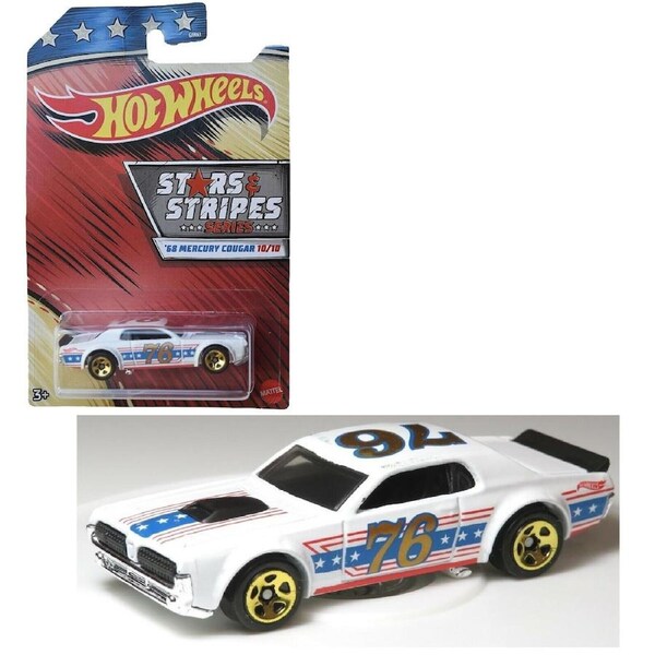 Hot Wheels 1:64 Antique Stars & Stripes 3+ Toy-Mercury Cougar 1968- Race Car History Plymouth Camaro