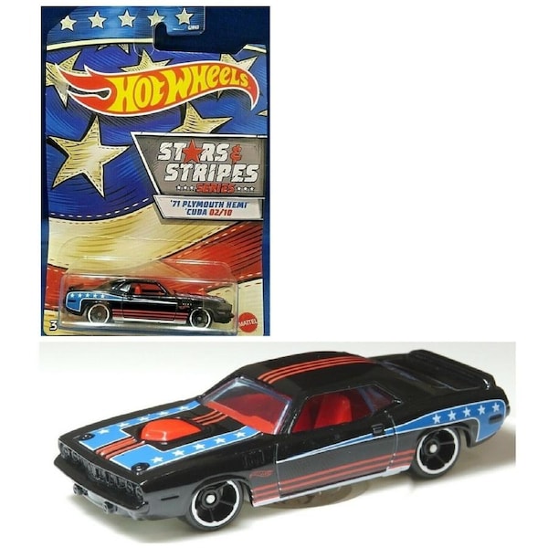 Hot Wheels 1:64 Antique Stars & Stripes 3+ Toy-1971 plymouth Hemi Cuda race car-History Plymouth Camaro
