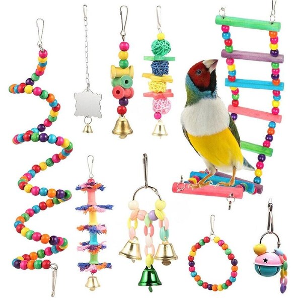 Bird Toys Parrot Swing Toys Chewing Hanging Bell Cockatiel Cage Toy Set - 10pcs