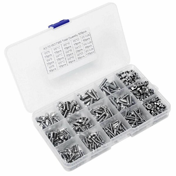 500pc M3 M4 M5 304 Stainless Steel Hex Socket Button Head Bolts Screws Nuts Kit