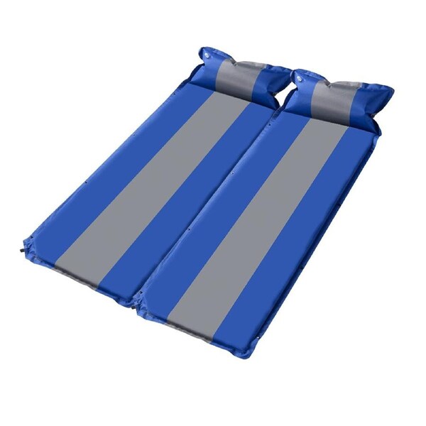 Double Self Inflating Mattress Sleeping Mat Air Bed Camping Camp Hiking Joinable Pillow - blue