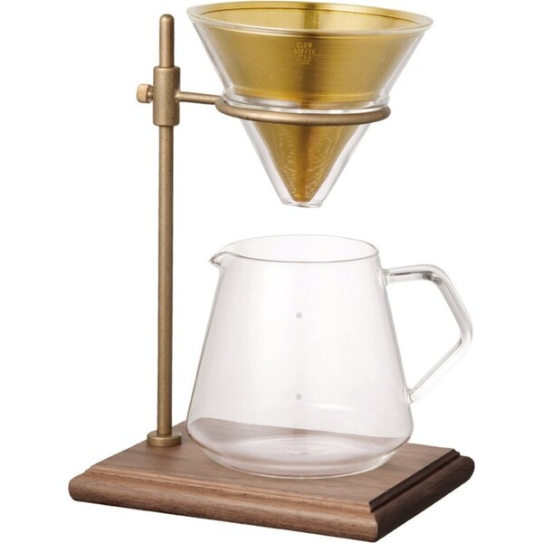 Kinto SCS Brass 700ml Pourover 4-Cup Clear Glass Coffee Brewer w/ Drip Stand Set