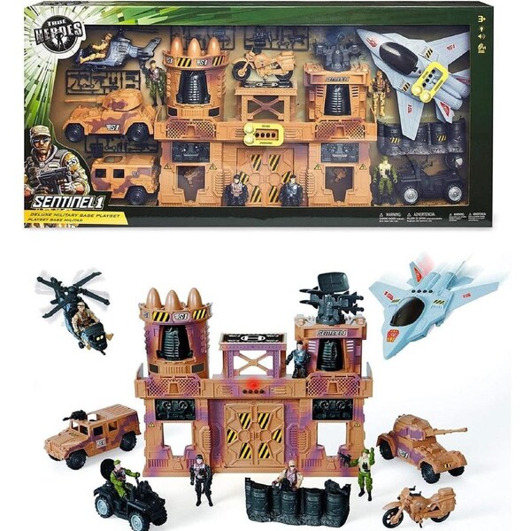 True Heroes Deluxe Military Base Playset Fighter Jet Helicopter Motorcycle Tank