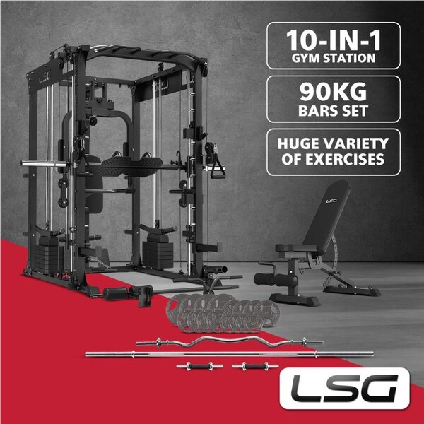 LSG GRK200 10-in-1 Home Gym Station, Power Rack, Smith Machine and Cable Crossover + 90kg Standard Weight Plate Set