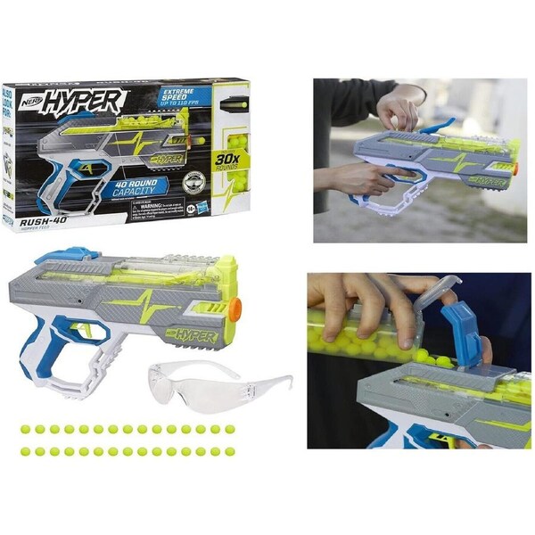 NERF Hyper Rush-40 Pump Action Blaster 30 Hyper Rounds with Eyewear Gun Toy Fire