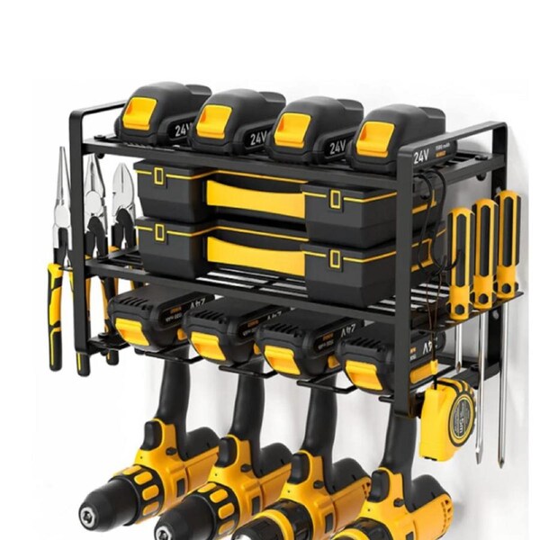 Power Tool Rack Organizer, Heavy Duty Drill Holder Wall Mount 3 Layers Garage Storage Rack Metal Tool Shelf, Cordless Tool Storage Rack