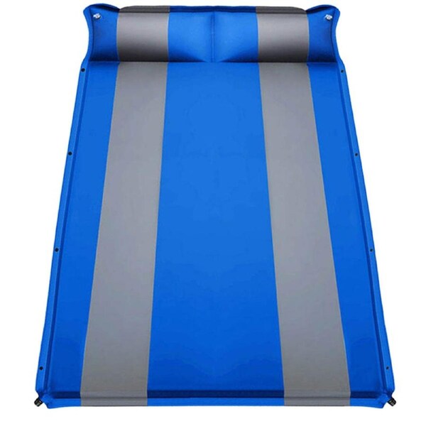 Double Self Inflating Mattress Sleeping Mat Air Bed Camping Camp Hiking Joinable Pillow - blue