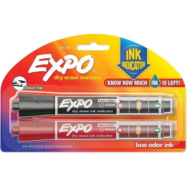 2 Expo Dry Erase Whiteboard Markers Black & Red Chisel Tip- Ink Indicator -Low Odor