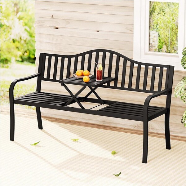 3 Seat Gardeon Outdoor Garden Bench Seat Loveseat Steel Foldable Table Patio Furniture Black