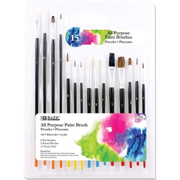 All Purpose Paint Brush Set Pack of 15 - BAZIC - Crafts Art