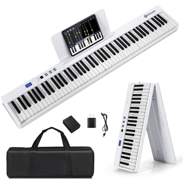 Costway 88-Key Electronic Keyboard Folding Digital Piano w/Carry Bag & Music Stand USB/Bluetooth/APP White