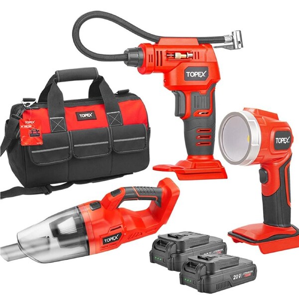 TOPEX 20V Cordless Combo Kit Tyre Inflator Handheld Vacuum Cleaner LED Torch w/ Tool Bag