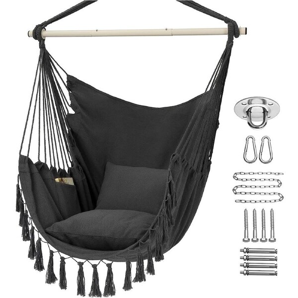 Hammock Chair Hanging Rope Swing, Large Hanging Chair with Pocket and tassels,Cushions for Superior Comfort, with Hardware Kit (Dark Grey)