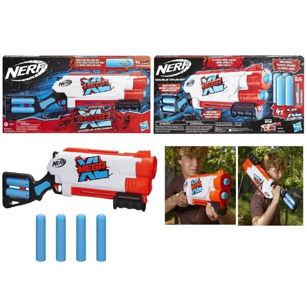 Nerf Mega XL Double Crusher Blaster 4 Mega Whistler Darts Ages 8+ Toy Fire Play