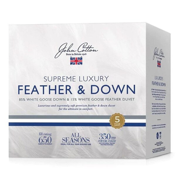 John Cotton Supreme Luxury 85% White Goose Down & Feather Quilt QUEEN