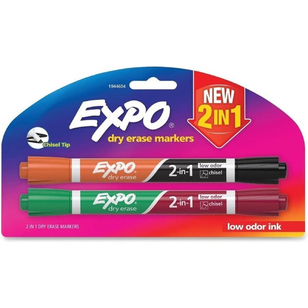 Expo 2-in1 Dry Erase Marker - Chisel 2-pack Green, Red, Black, Orange