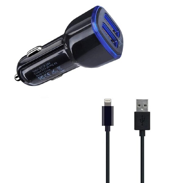 Dual Port USB Car Charger with 1m Lightning Charge Cable