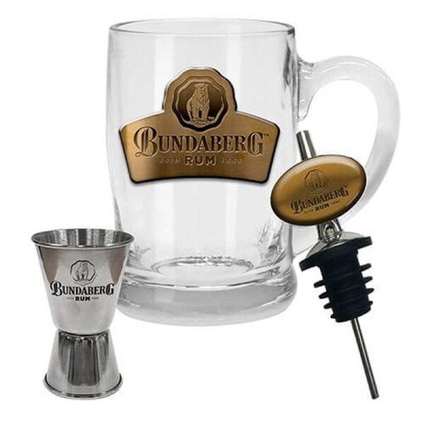 Bundy Bundaberg Rum Glass Drink Stein, Double Bar Jigger & Spirit Pourer Gift Pack