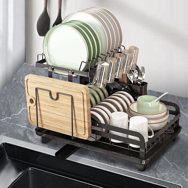 2 Tiers Black Foldable Kitchen Storage Dish Drying Drainer Rack Organizer Dishrack Knife Holder
