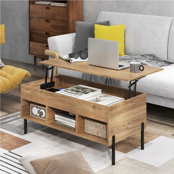 Costway Lift-Up Top Coffee Table Modern Sofa Table Nightstand w/Hidden Storage Shelf Bedroom Living Room, Natural