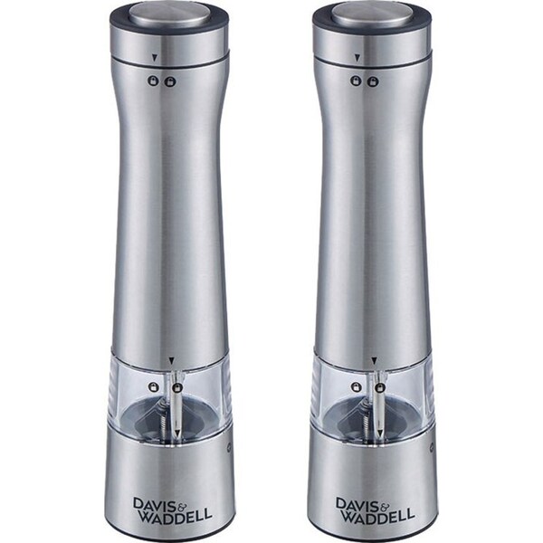 2x Davis & Waddell Essentials S/Steel Electronic Salt & Pepper Mill/Grinder